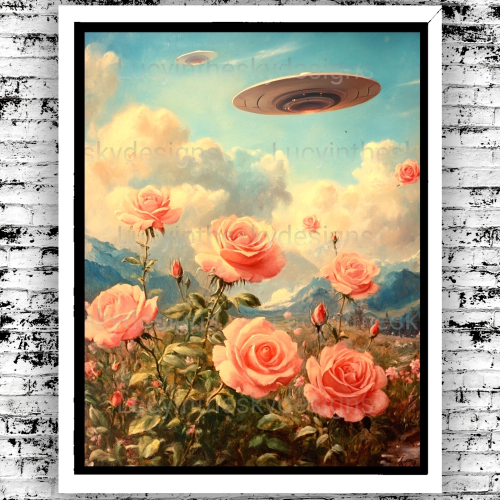 UFO UAP Roses Surreal Floral Landscape Art Print